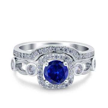 Two Piece Art Deco Wedding Ring Band Round Simulated Blue Sapphire CZ 925 Sterling Silver